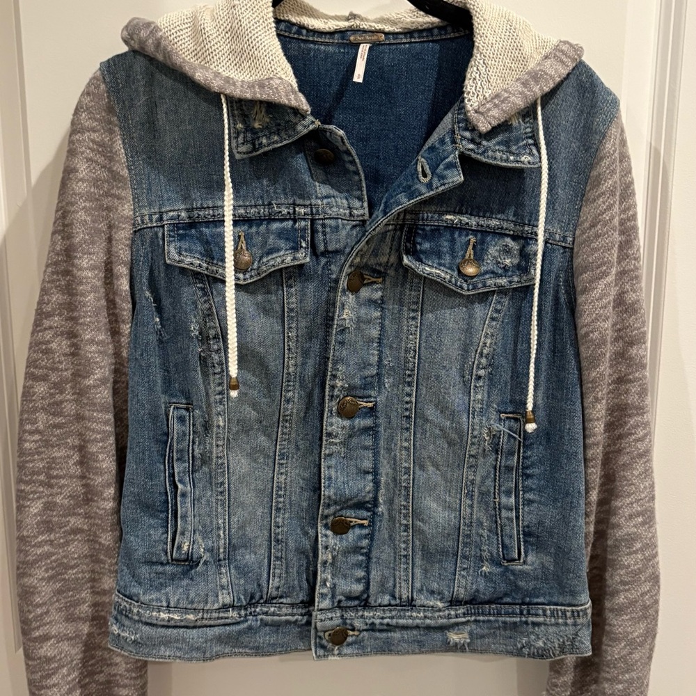 Denim Jacket with Gray Knit Sleeves